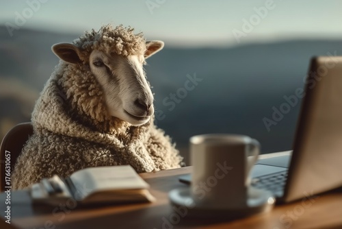 Sheep in Sweater Ponders Over Laptop and Coffee at Serene Countryside Retreat