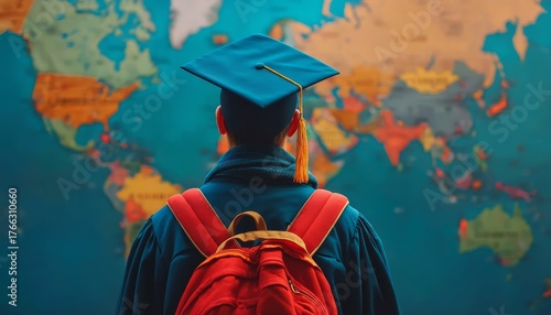 Student in Graduation Gown Facing World Map Contemplating Future Career Opportunities and Global Education Choices