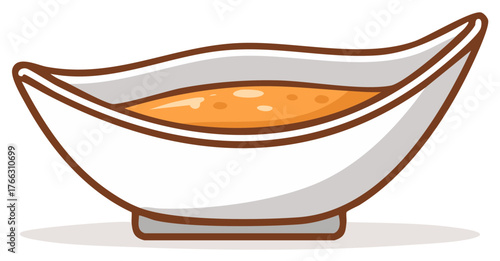 Cartoon illustration of a white gravy boat filled with delicious gravy sauce