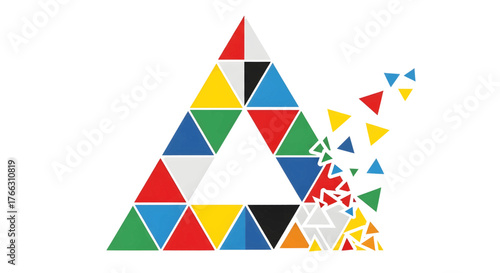 A large colorful triangle made of smaller geometric shapes breaking apart and dissolving.