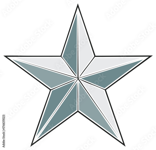 Geometric five pointed star symbol with silver metallic facets and beveled edges vector graphic