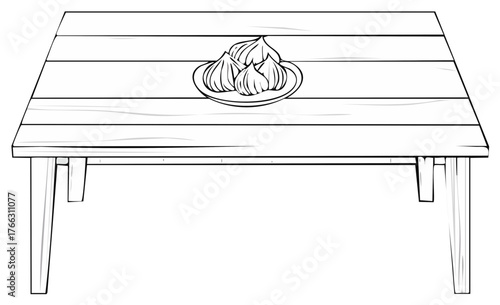 Black and white illustration of a rustic wooden table with a plate of dumplings or bao buns