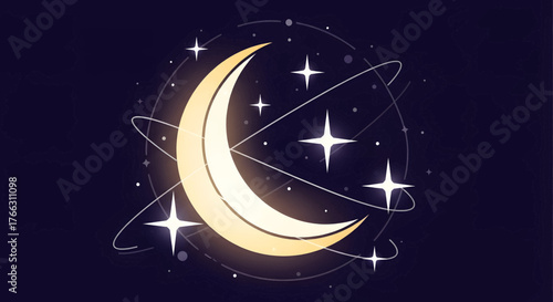 A stylized crescent moon glows brightly surrounded by sparkling stars and orbital lines against a dark purple night sky.