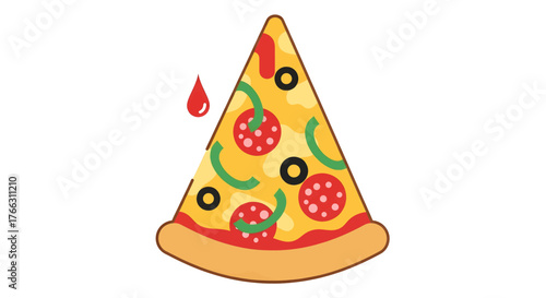 A delicious pizza slice with pepperoni, olives, and green peppers, with a tomato drop.