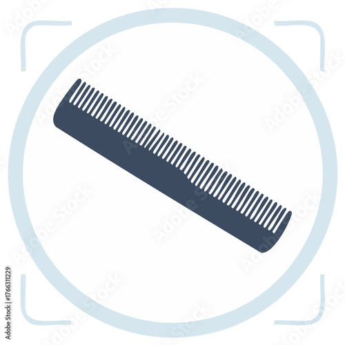 Dark Comb Illustrated Hair Grooming Tool Within Pale Blue Circle Frame