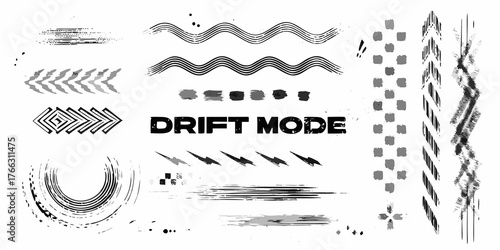Collection of abstract graphic elements and grunge textures with the text drift mode