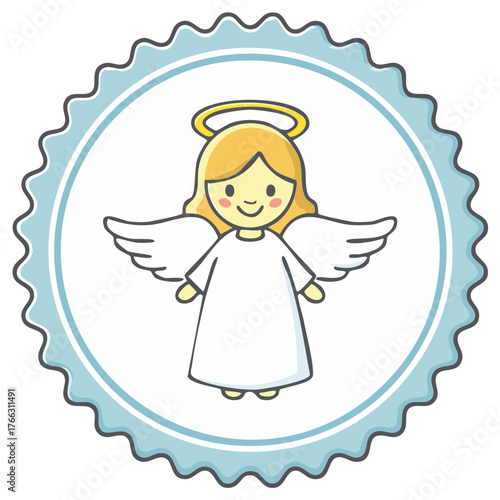 Cute Cartoon Angel with Halo Wings and White Gown in Decorative Scalloped Circle Frame