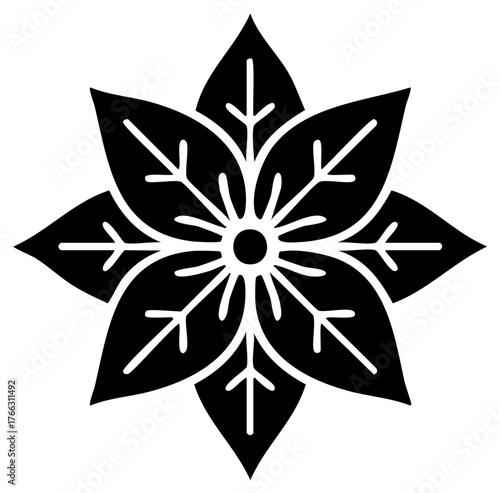 Black floral emblem with eight symmetrical petals and leaf veins