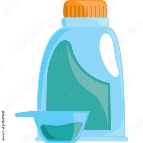Transparent Plastic Laundry Detergent Bottle With Measuring Cup And Orange Cap Against White Background Studio Shot