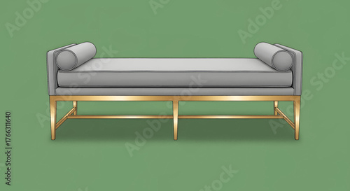 A modern gray upholstered daybed with bolster pillows and a polished gold metal frame.