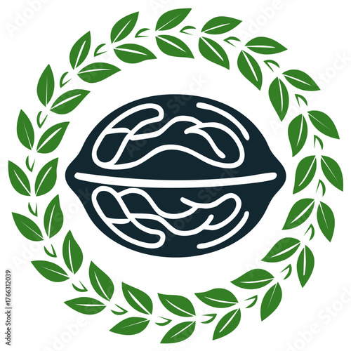 Graphic illustration of a walnut kernel inside a circular green leaf wreath