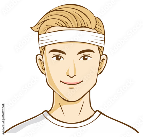 Blond haired man with a white headband looking forward in a cartoon style vector illustration