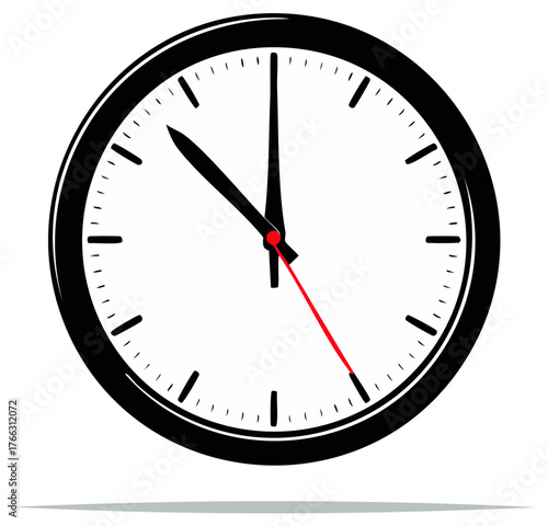 Clean vector illustration of a traditional round clock with black hands and a prominent red second hand