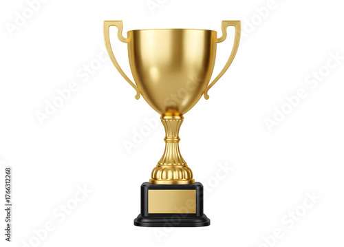 a golden trophy with a blank label set against a white background