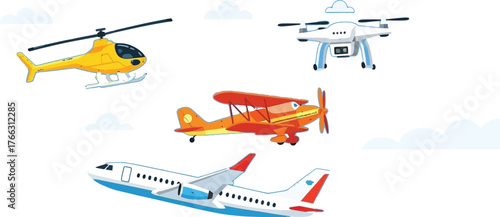 Whimsical journey in the sky featuring planes, helicopter, drone, and hot air balloon amid fluffy clouds, perfect for aviation enthusiasts