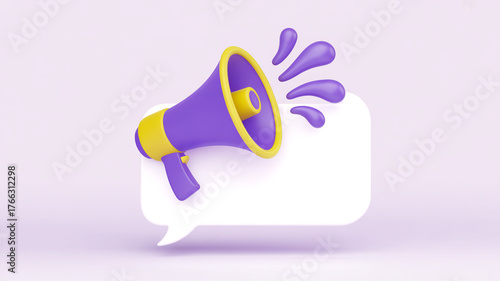 Purple and yellow megaphone announcing on white speech bubble