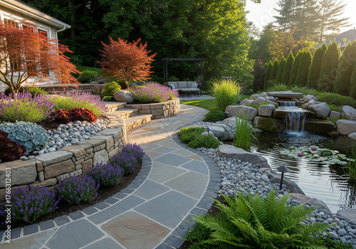 Beautiful landscape design of the backyard of a private house.