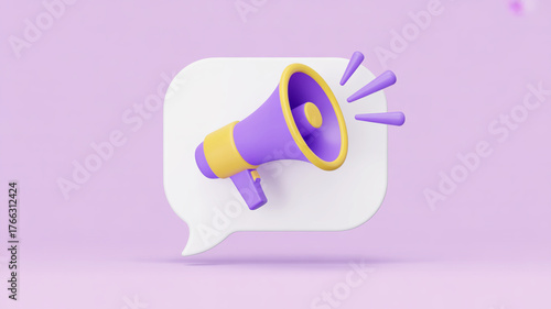 Purple megaphone on white speech bubble 3d render yellow