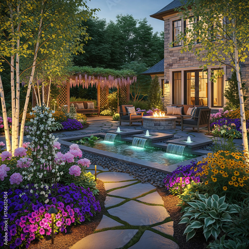 Beautiful landscape design of the backyard of a private house.