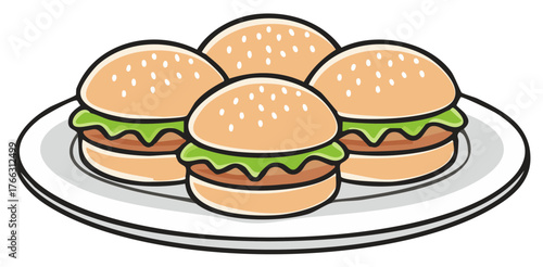 Illustration of Four Delicious Mini Burgers with Lettuce on a Plate Ready to Eat