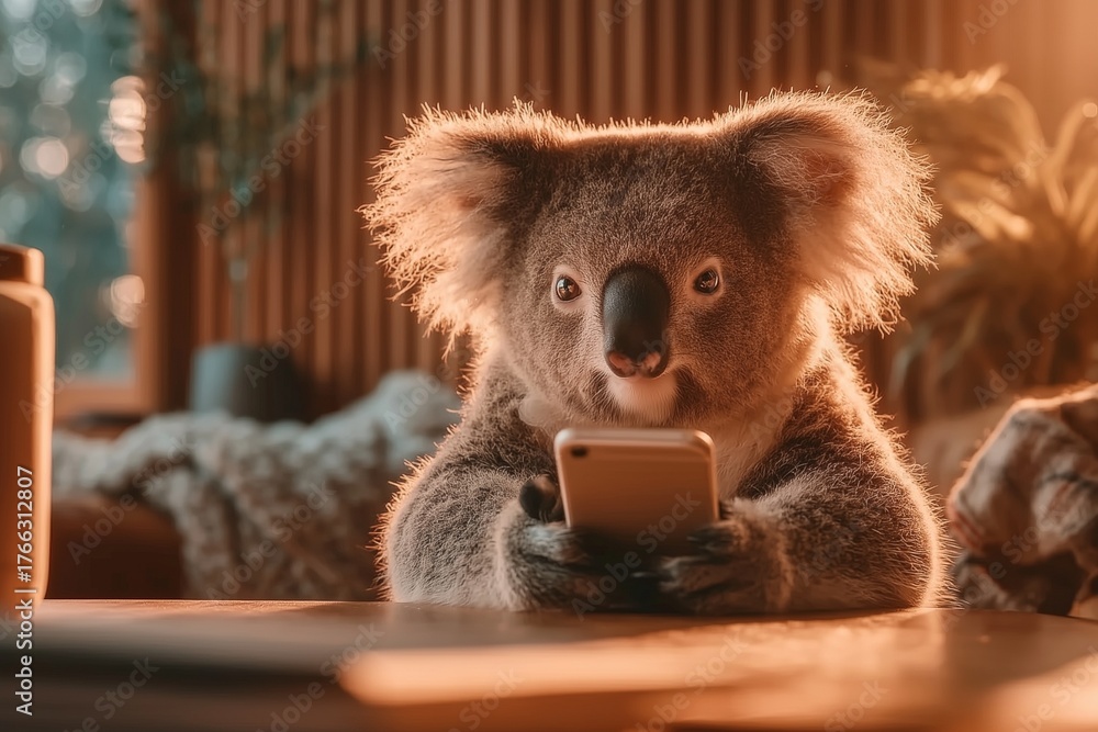Fototapeta premium Tech-Savvy Koala Engages with Smartphone in Cozy, Sunlit, Living Room Setting