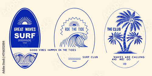 Collection of three blue and white vintage surf inspired graphic emblems and badges with text