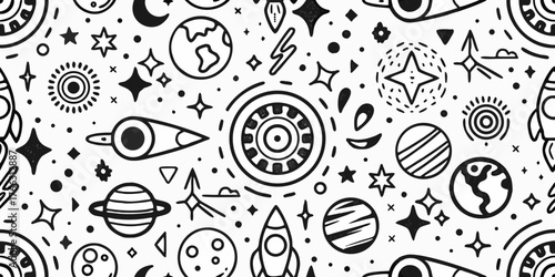 Whimsical hand drawn space doodle pattern with planets rockets stars and cosmic elements
