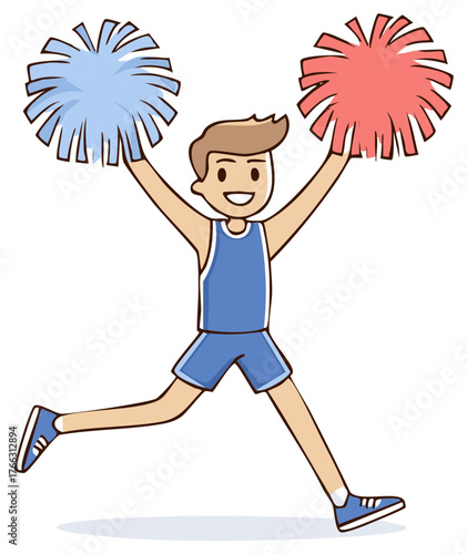 Cartoon illustration of a cheerleader jumping with pom-poms.