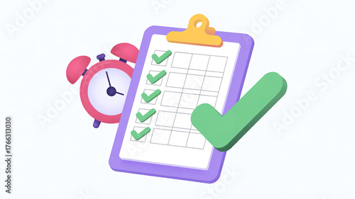 Purple clipboard with green checkmarks and pink alarm clock