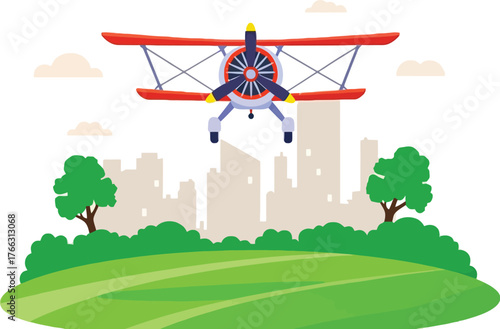 Whimsical red biplane flying over green hills and a cityscape, perfect for children's books, travel posters, or aviation themed designs