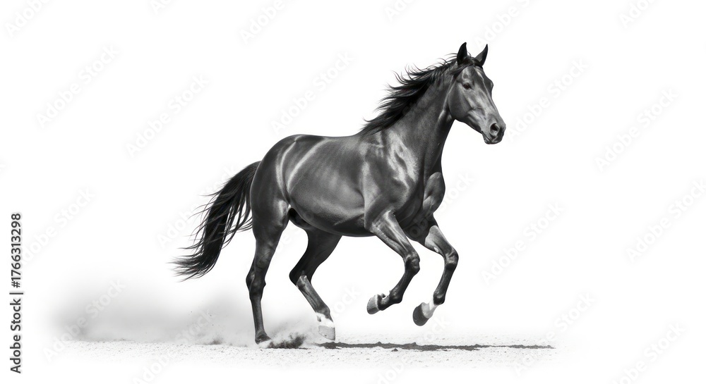Fototapeta premium Powerful Black Horse Galloping, Kicking Up Dust, Isolated on White Background with Majestic Grace and Dynamic Energy