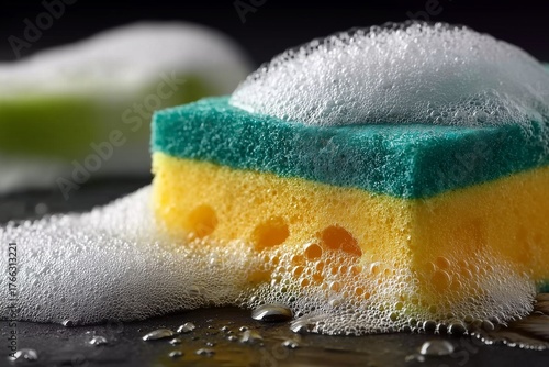 Close-up of a colorful kitchen sponge with white soap suds and bubbles on a dark surface.