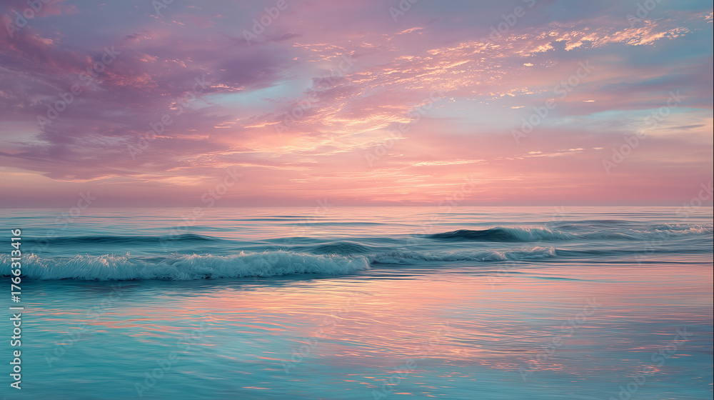 Fototapeta premium A quiet mountain lake reflecting the colorful sky at sunset with distant peaks on the horizon and crystal-clear water creating a peaceful and majestic atmosphere