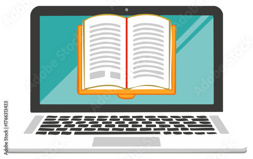 Online Education and Digital Library Concept with an Open Book on a Laptop Screen