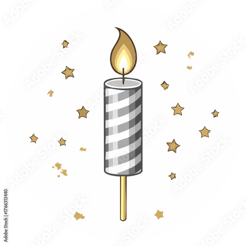 Celebratory candle, golden stars sparkle and shine, birthday or festive occasion card, party decorations, light, bright, festive.