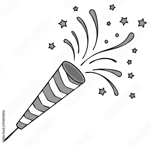 Cartoon of a party popper exploding with stars and streamers, celebrating an event.