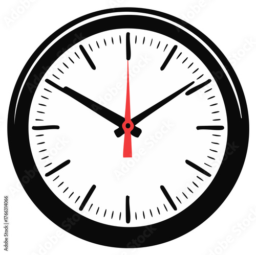 Stylized graphic illustration of a minimalist analog clock with a red second hand