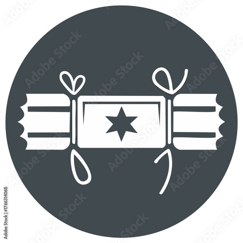 Holiday cracker icon in a circle with bow details, simple and clean Christmas design.