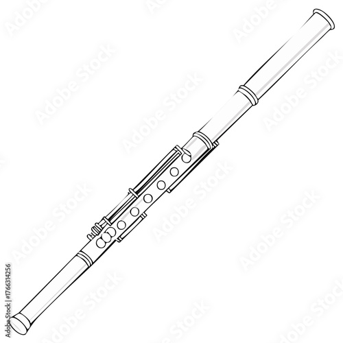 Line art illustration of a classical musical flute with buttons, for orchestra or a music school