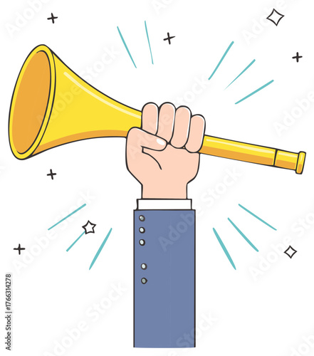 Business hand holding a shiny golden horn with celebratory sound lines and sparkles making a loud announcement