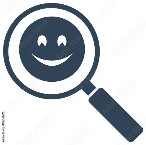 Magnifying glass with smiley face icon. Search, find, explore, and satisfaction concepts.