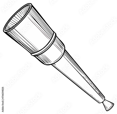 Hand-drawn illustration of a telescope in black and white