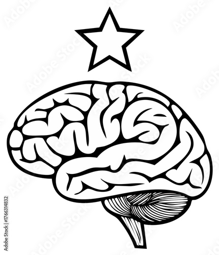 Monochrome brain illustration with star. Abstract intellect conceptualization and smartness diagram. Symbolizes knowledge and awareness.