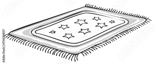 Hand drawn outline of a rug with stars and fringe detail in monochrome