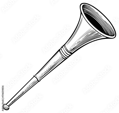 Black and White Stylized Illustration of a Long Brass Trumpet with a Wide Bell