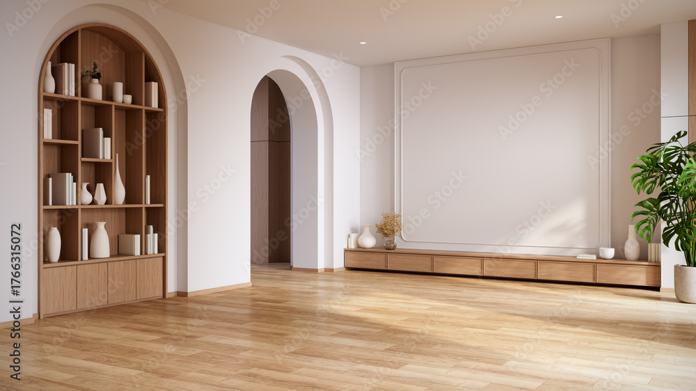 Obraz premium Empty room.with Modern minimalist interior with architectural arches and wooden tv cabinet with a large blank wall. 3D rendering.