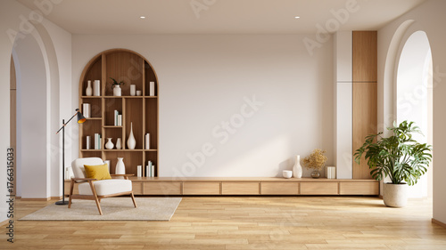 Japandi style and  minimal living room with a unique arched bookshelf and modern armchair with  wooden tv cabinet.3drender