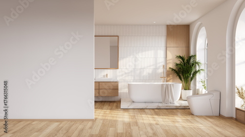 Bilde på lerret Modern bathroom with a large empty wall for mockup, featuring a freestanding bathtub and arched window