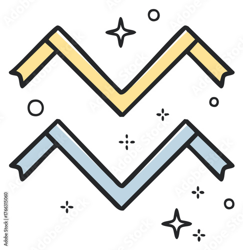 Aquarius Zodiac Sign Illustration in Gold and Blue with Stars and Circles Doodles