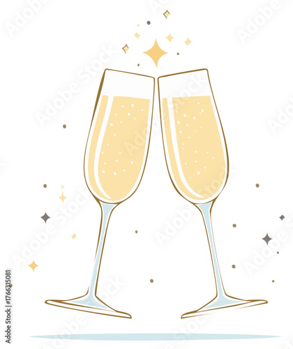 Cheers with champagne flutes toasting with sparkling bubbles and celebration stars.
